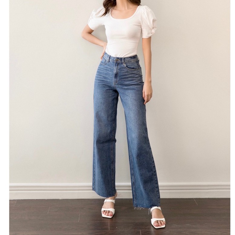 MIEU - Quần jeans ống rộng cắt lai (Xanh Đậm/ Nhạt) - GD05