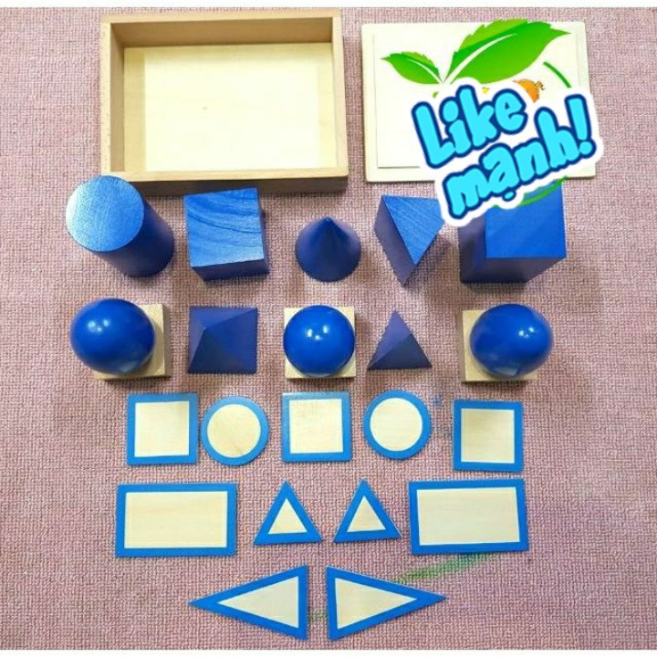 Giáo cụ Montessori - Hộp khối hình học màu xanh kèm đế