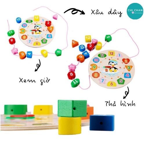 Đồ chơi gỗ giáo dục xâu dây giúp bé học đếm nhận biết màu sắc giáo dục montessori Chi chan