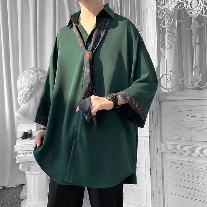 Áo Sơ Mi Nam Thời Trang Hàn Quốc Chất Lượng Cao Plus Size áo sơ mi form rộng áo sơ mi nam ngắn tay xanh lá cây áo sơ mi đẹp Có cà vạt