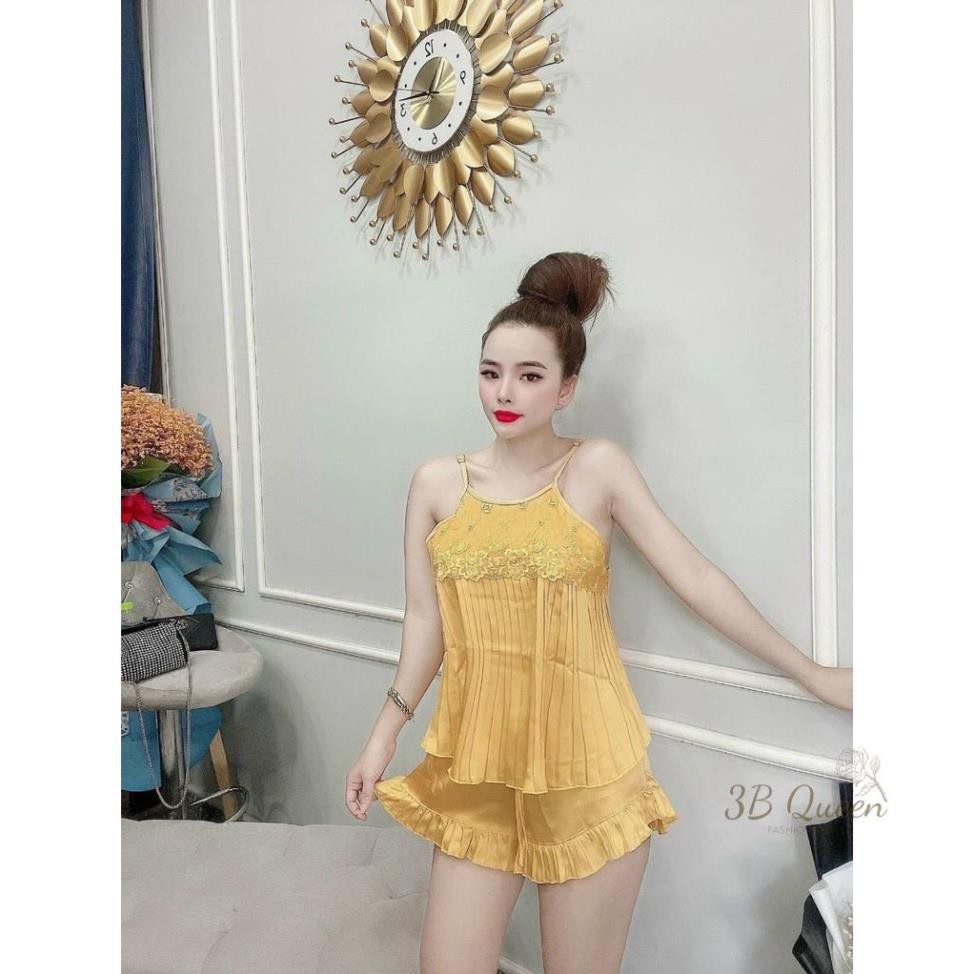 Bộ ngủ Áo yếm 2 dây dập ly phối ren, chất liệu lụa satin cao cấp, kèm quần bèo gợi cảm | BigBuy360 - bigbuy360.vn