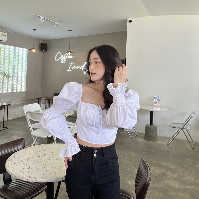 Áo kiểu croptop nhún lưng chất đẹp ( Ảnh thật )