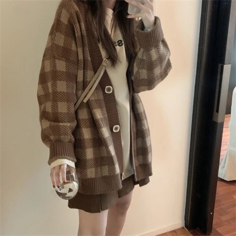 Áo Khoác Cardigan | Áo Len Cardigan kẻ caro Nâu khuy áo Hot trend phong cách ulzzang hàn Quốc