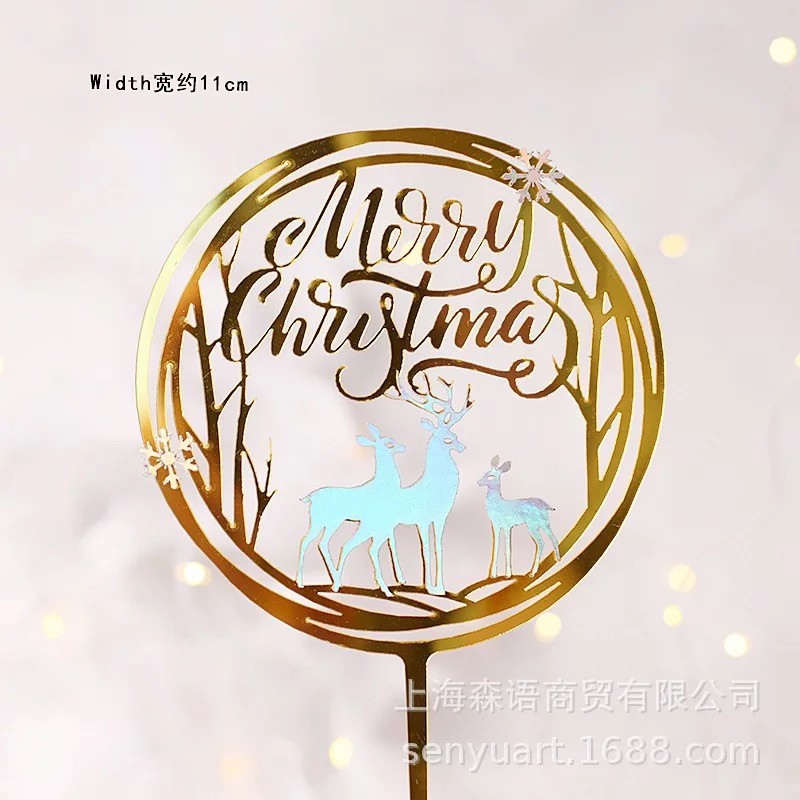 Que mica GS Merry Xmas vòng tròn vàng + tuần lộc trắng - Phụ kiện trang trí giáng sinh