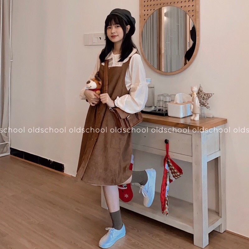 Set yếm babydoll nhung nâu kèm áo bèo ulzzang - Set váy babydoll kèm áo cổ bèo rời
