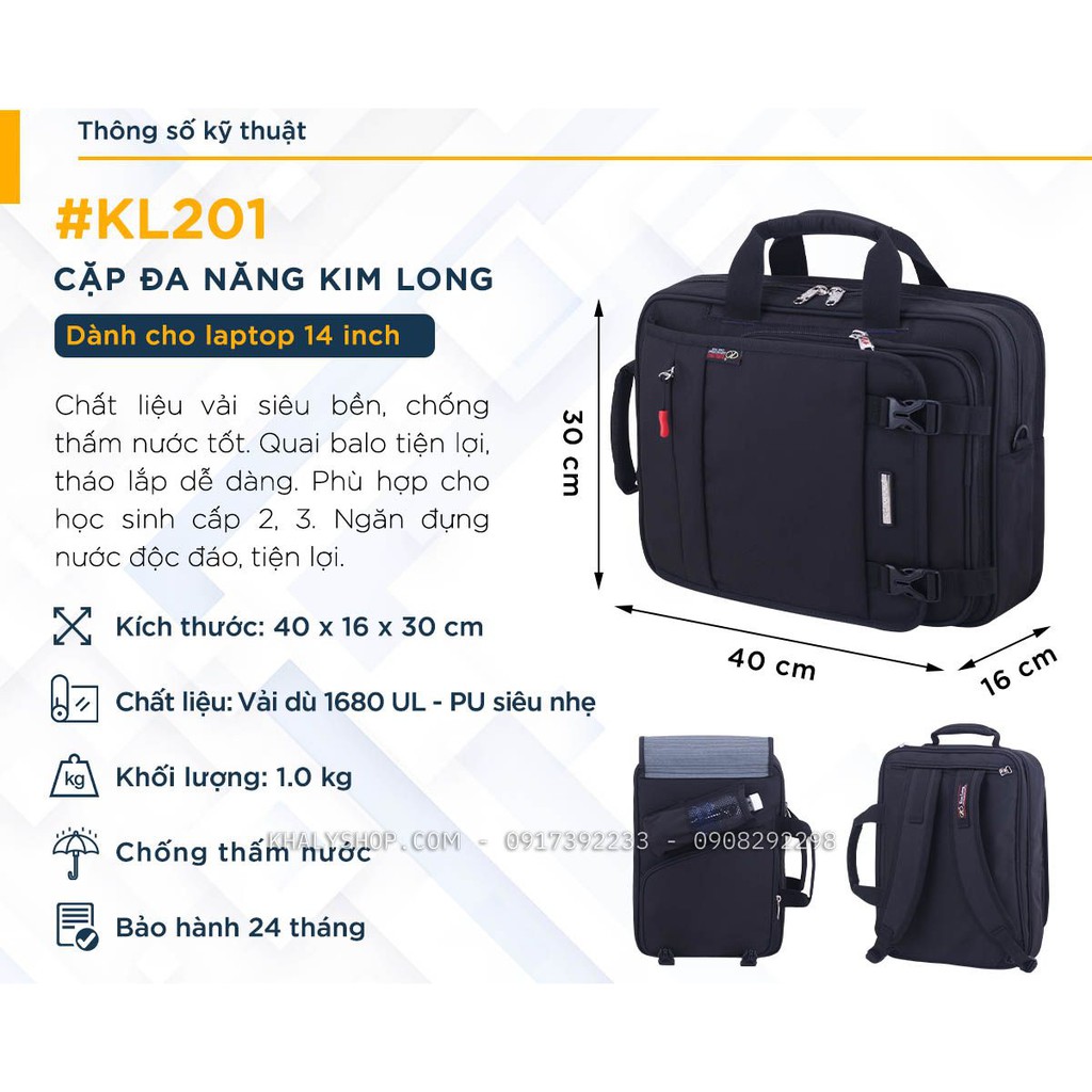 Balo , cặp đa năng học sinh cấp 2,3 thương hiệu Kim Long 201 màu đen - 735NBLKL201 ( 40x16x30cm ) | BigBuy360 - bigbuy360.vn