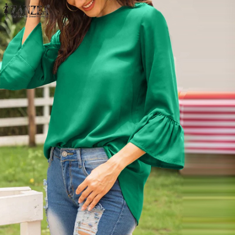 ZANZEA Áo Kiểu Tay Lỡ 3/4 Màu Trơn Thời Trang Đường Phố Châu Âu Cho Nữ
