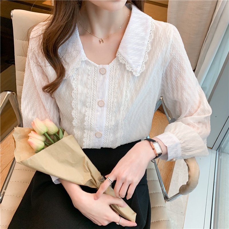 Áo Sơ Mi Chiffon Tay Dài Cổ Búp Bê Phối Ren Màu Trắng Phong Cách Hàn Quốc Hàng Mới