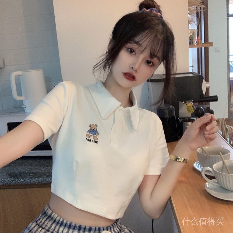 Women's 2021 spring and summer short sleeve bear t-shirts new wild thin white short high waist polo shirt | BigBuy360 - bigbuy360.vn