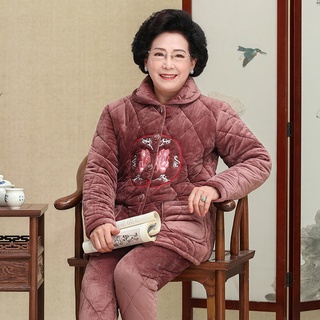2021 mới bộ đồ ngủ chần bông ba lớp dành cho phụ nữ trung niên và cao tuổi mùa đông dày dặn cùng với bộ đồ phục vụ tại n
