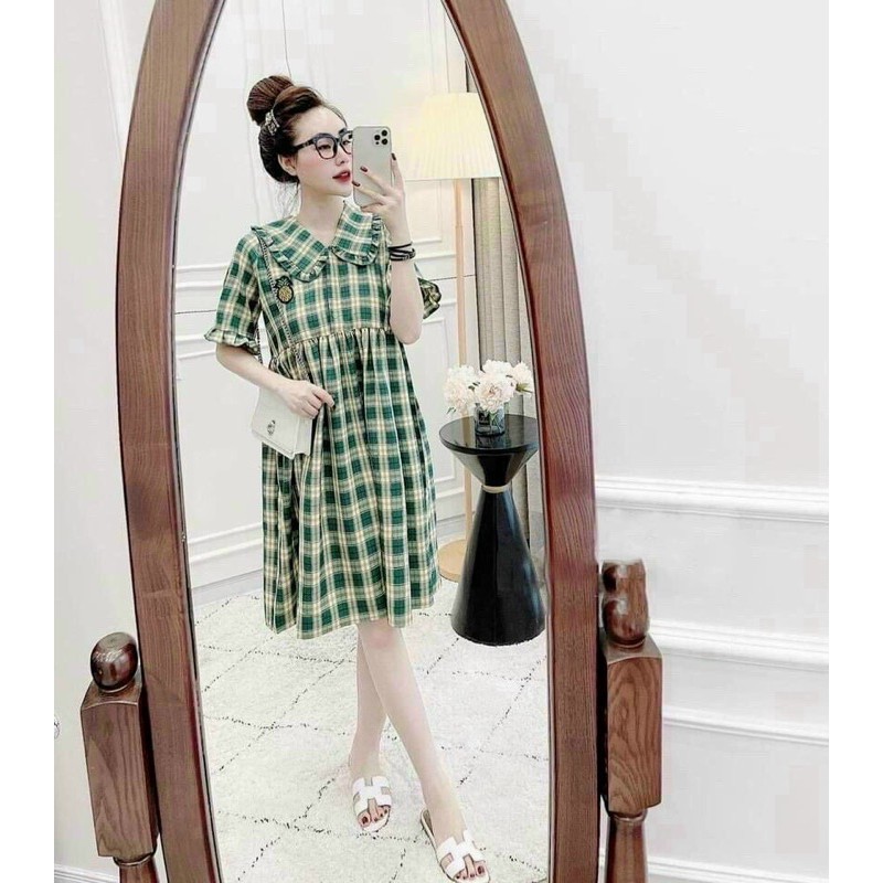 Đầm babydoll sơ mi sọc xanh siêu dễ thương