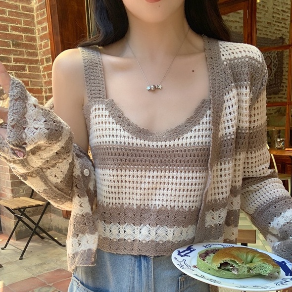 【ZHELIHANGFEI】Áo Cardigan Dệt Kim Lưng Cao Họa Tiết Kẻ Sọc Phong Cách Quyến Rũ