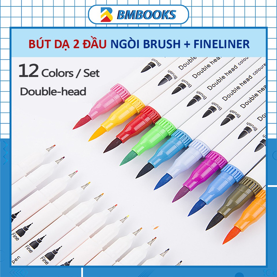 Set 12 bút Brush Pen 2 đầu viết Calligraphy, trang trí sổ tay BMBooks