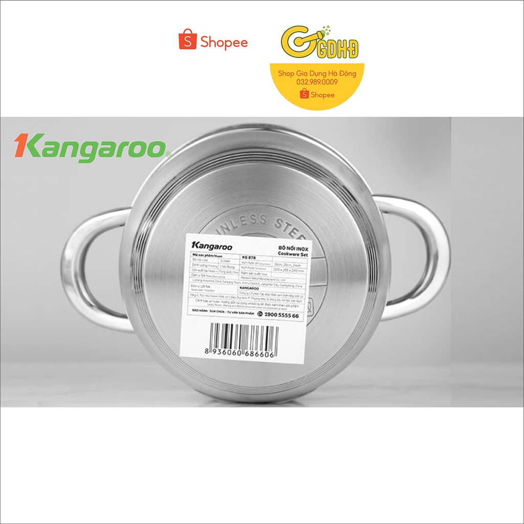 KG878S - Nồi inox cao cấp 16cm  5 lớp kangaroo, quai inox đinh tán sáng bóng gắn siêu chắc, nồi có thang chia nước