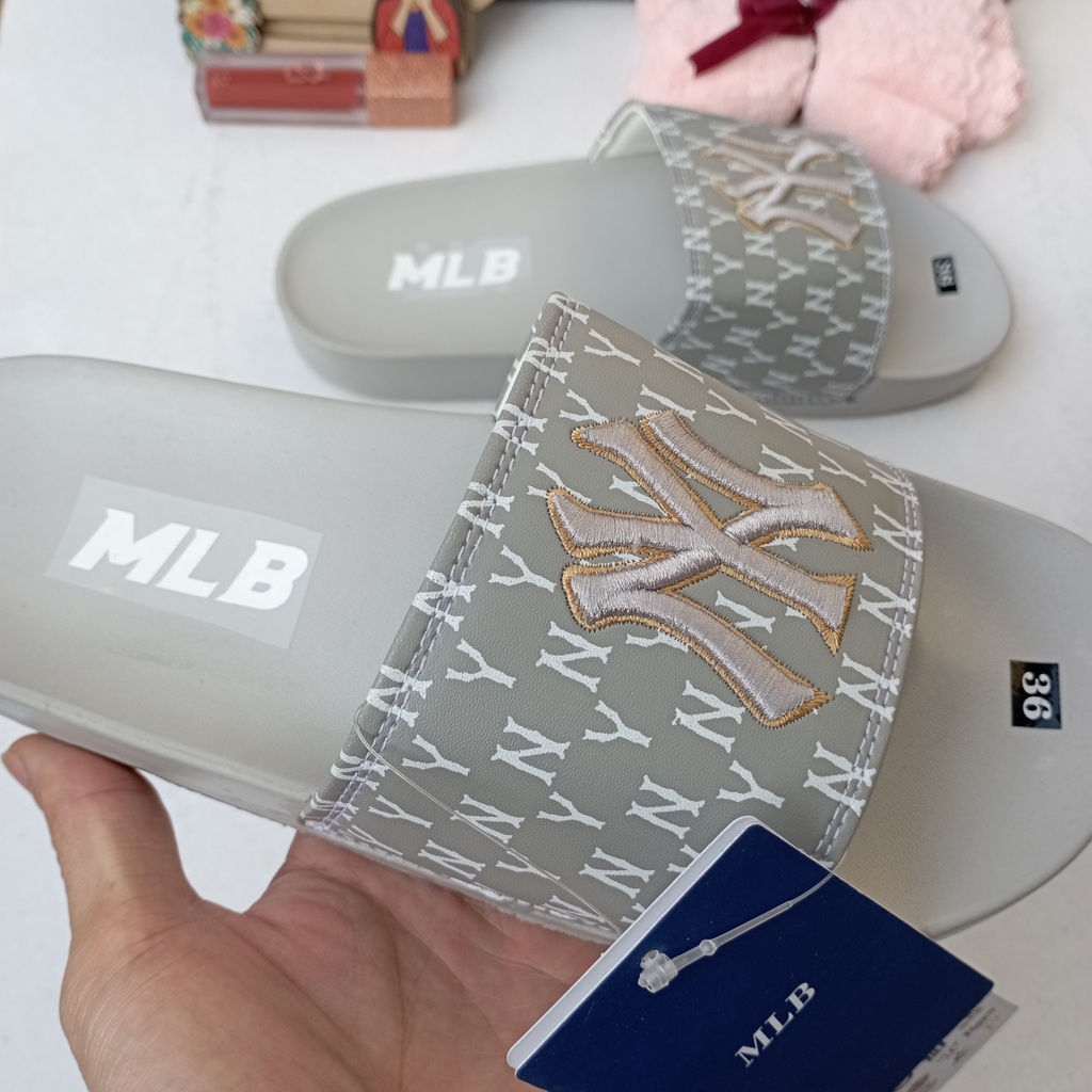 [FREESHIP + Tặng hộp] Dép Unisex MLB NY XÁM Chữ Thêu Nổi Êm Chân  Dép NY Quai Ngang Nam Nữ