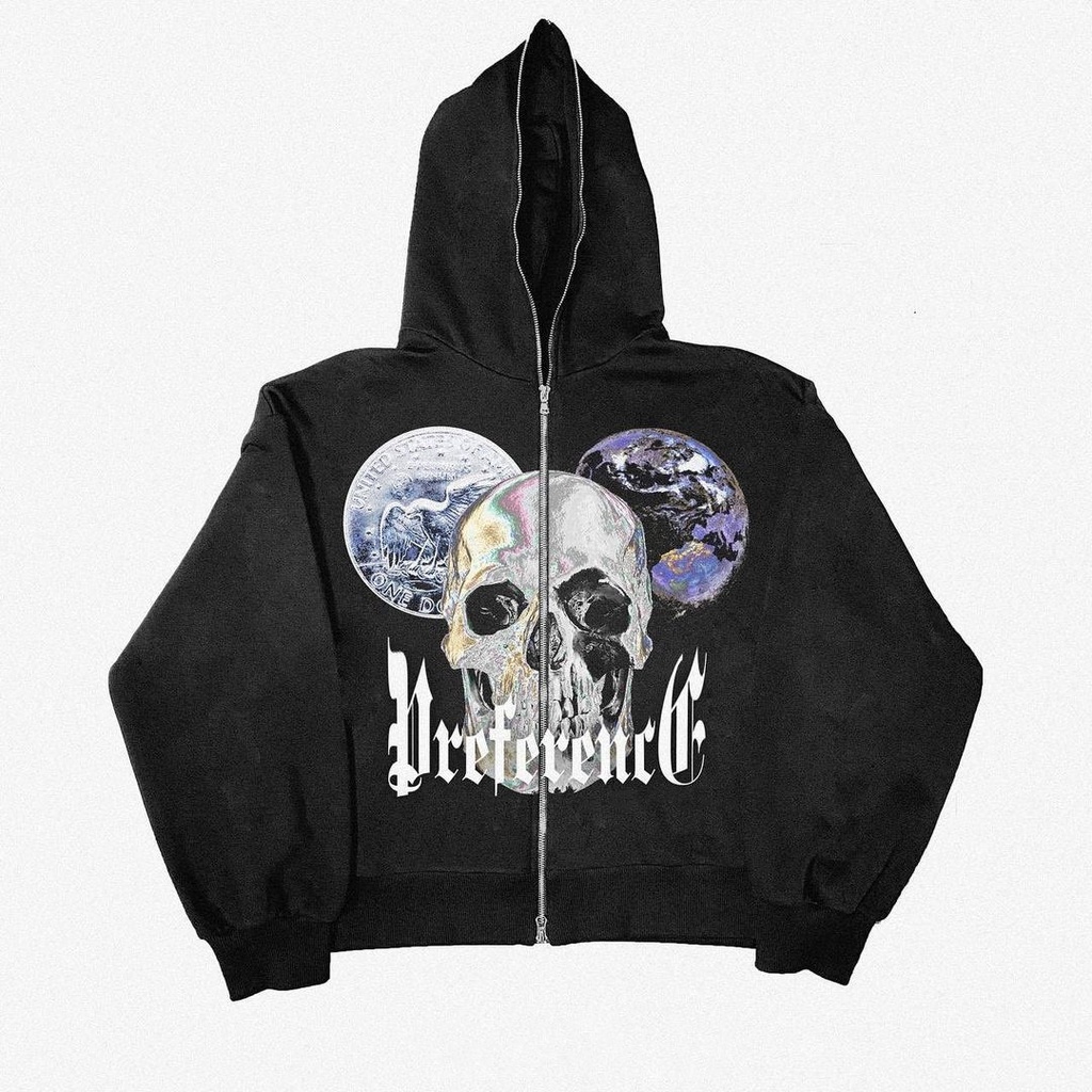 Áo khoác hoodie MMIOT Y2K tay dài có khóa kéo in họa tiết đầu lâu phong cách gothic Hàn Quốc thời trang thể thao
