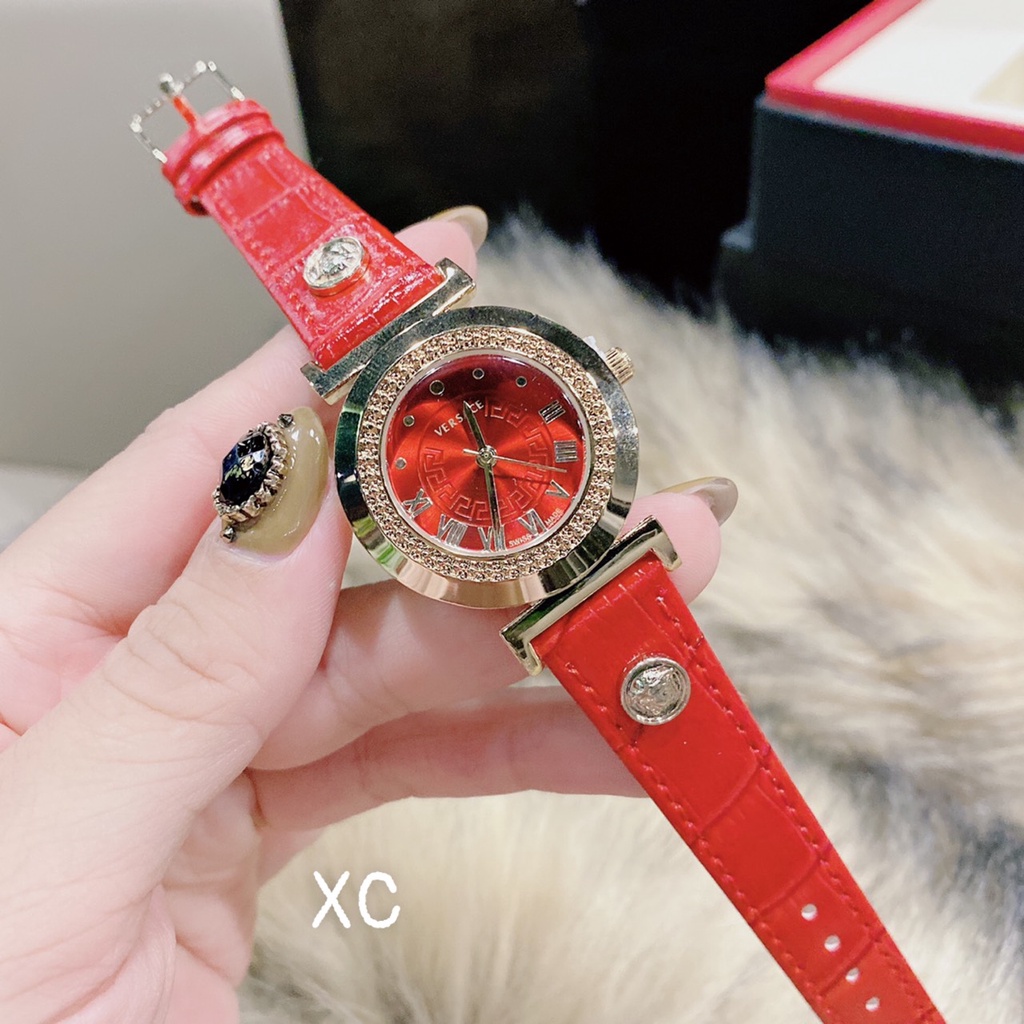 Đồng Hồ Nữ Cao Cấp, Đồng Hồ Đeo Tay Thời Trang VERSACE Dây da mặt Viền Thép Chống Nước