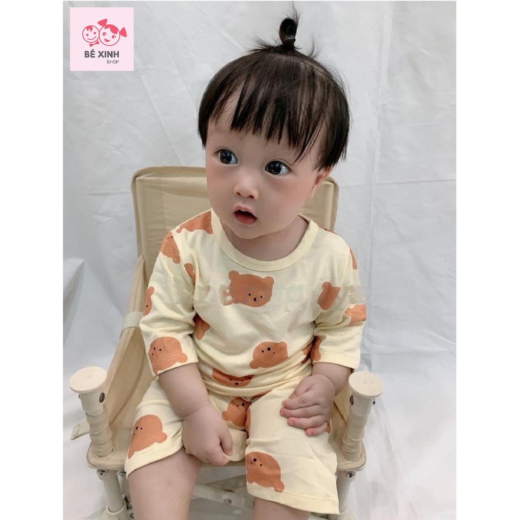 Bộ hàn quốc bé trai bé gái gấu nâu tay lỡ có nón chất cotton chuẩn hàn