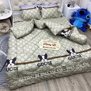 Bộ Chăn Ga Gối Cottong Poly Chăn Phao 5 Món- Chó Gucci