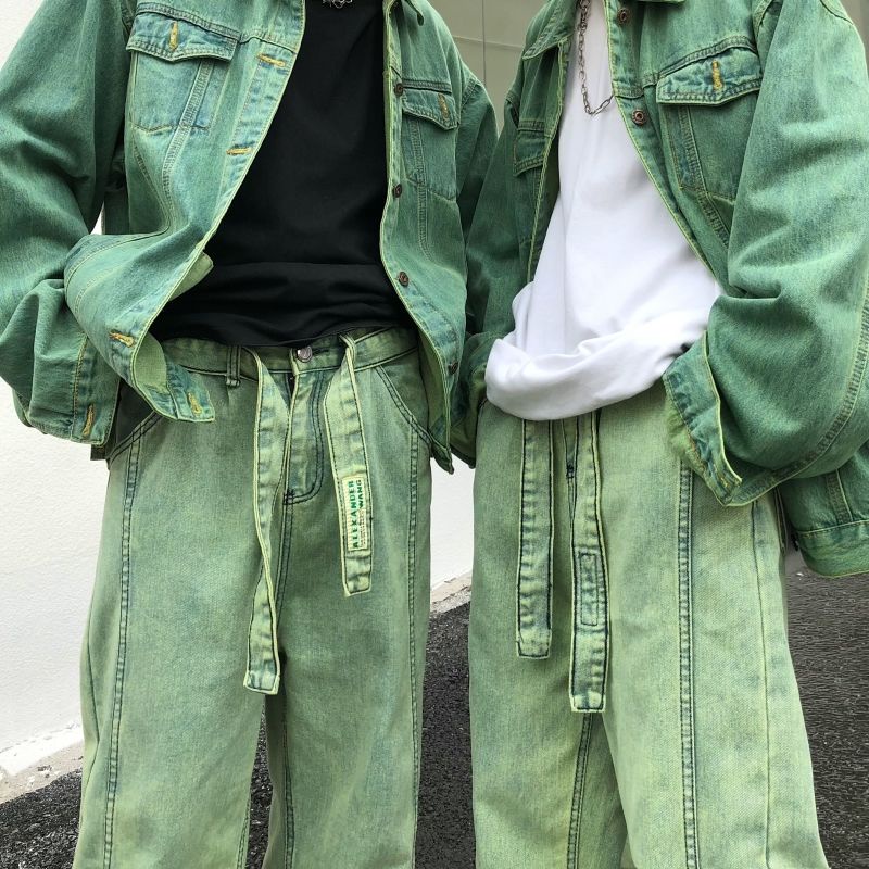 Quần Jeans Hip Hop Ba Chiều Ống Rộng Màu Xanh Lá Phong Cách Retro Đường Phố Cho Nam Và Nữ