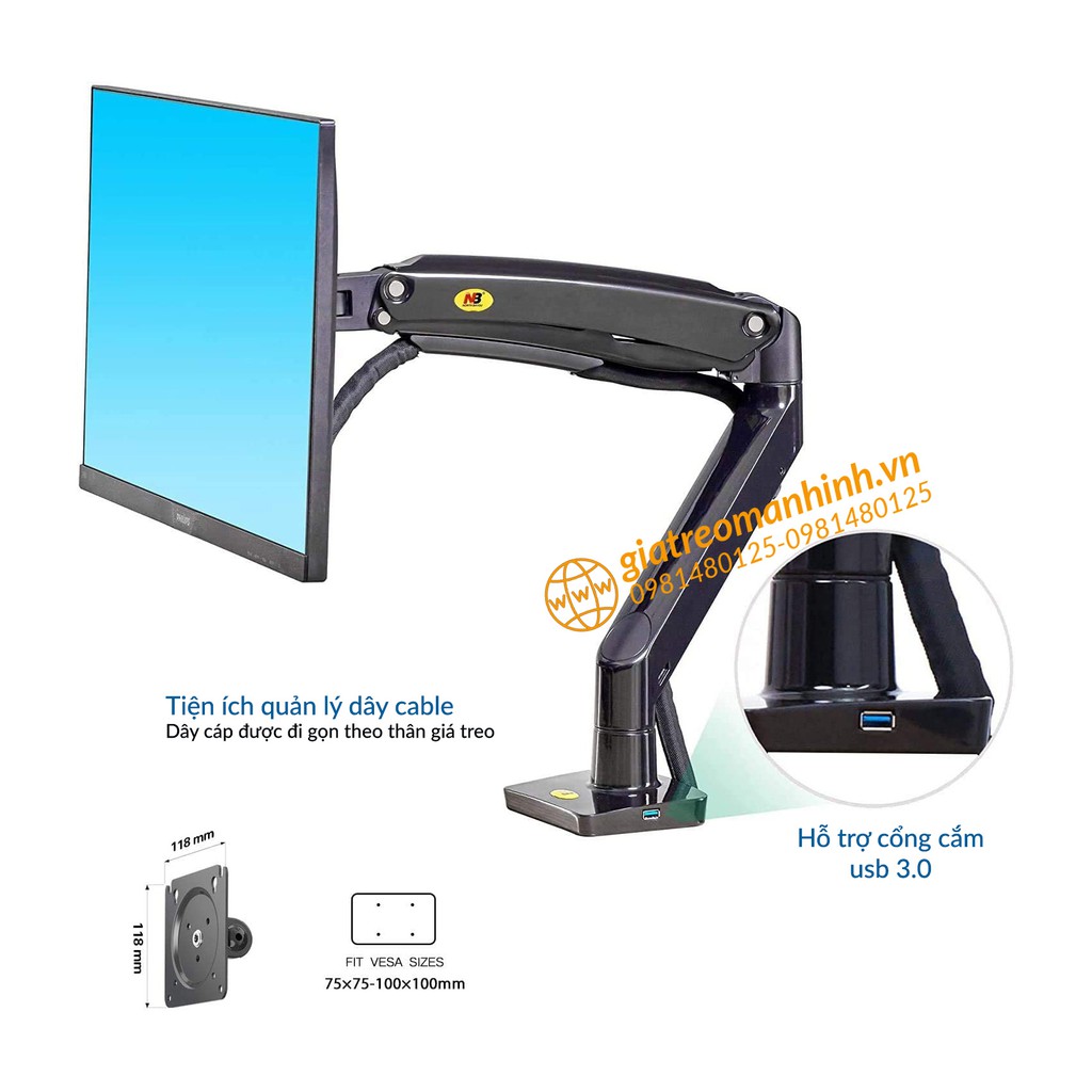 Giá Treo Màn Hình NB-F100A Tải Trọng 12 Kg / Tương Thích Màn 27-34 Inch (Upto 40 Inch) - Lắp Đặt Kẹp Bàn &amp; Vít Xuyên Bàn