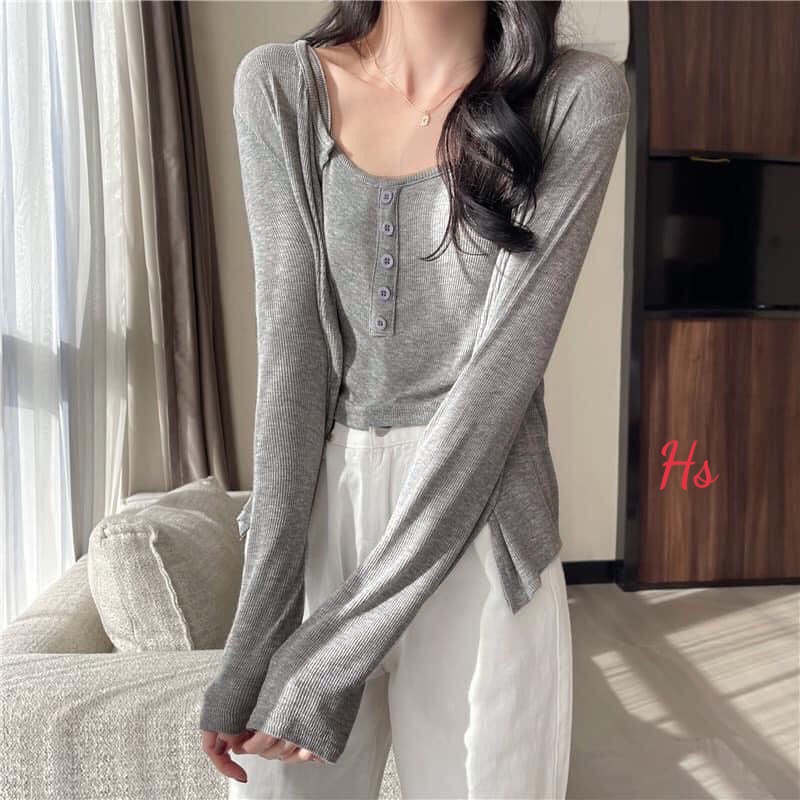 Set Áo Cardigan 🍉 set đồ nữ gồm áo khoác nỉ cardigan kèm áo 2 dây siêu xinh gồm 2 màu đen, trắng chất liệu thun tăm