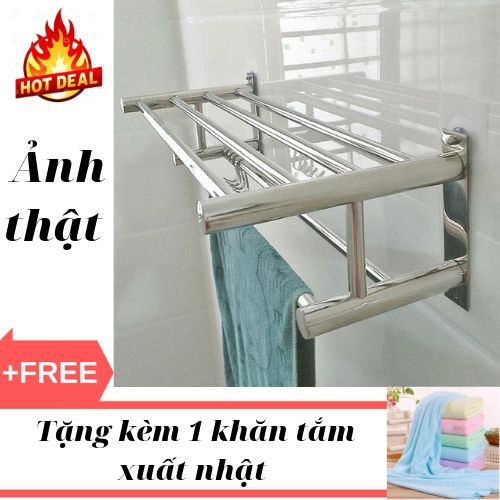 kệ treo khăn nhà tắm 2 tâng inox tặng kèm 1 khắn tắm xuất nhật cỡ lớn khổ 40x170 dùng cho cả ga đình.