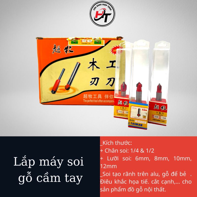 Mũi soi gỗ chữ V mũi phay alu 45 độ cốt 6.35mm lắp máy phay cầm tay MSV-DO-TQ