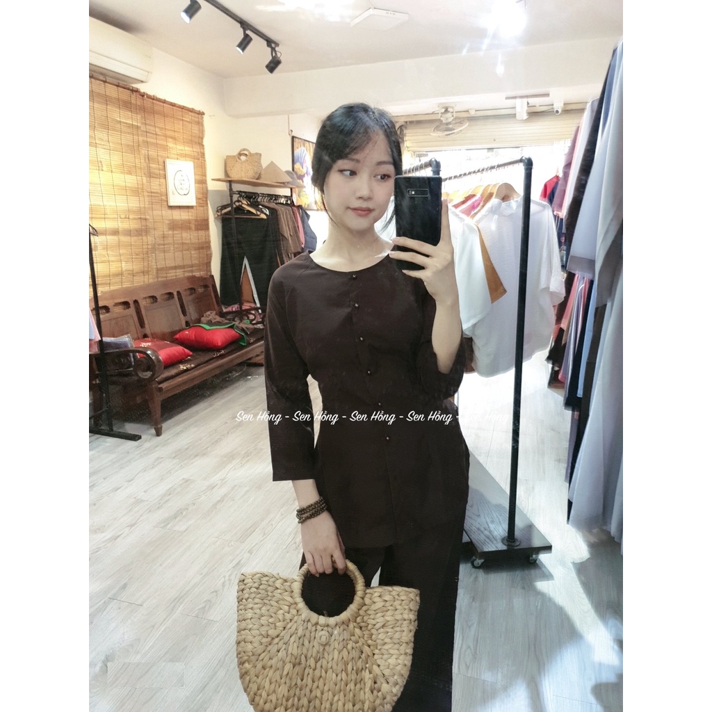 ️ BỘ đồ đi lễ   # áo bà ba nâu # set trang phục truyền thống # áo lam đi chùa đi chơi -  PHÁP PHỤC SEN HỒNG B15 Nâu