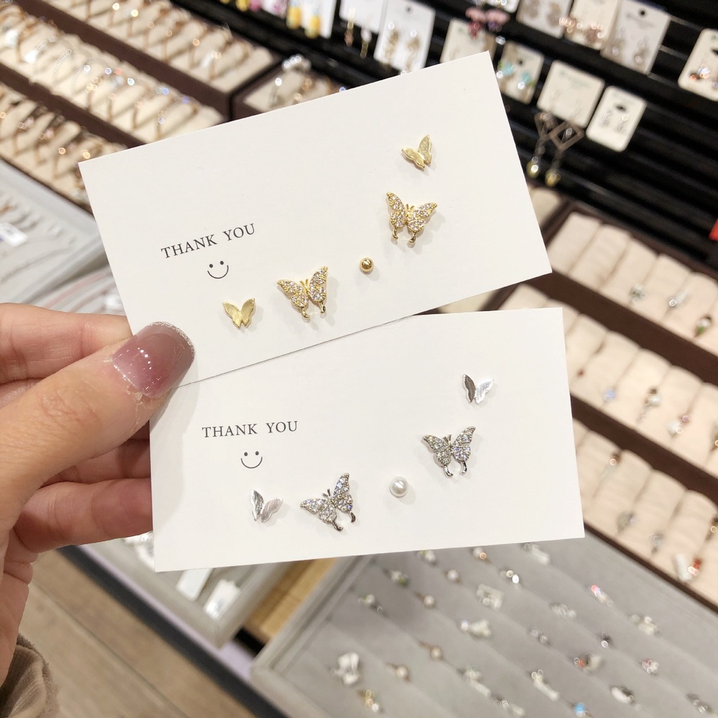 Bông Tai Mạ Bạc 925 Hình Bướm Đính Kim Cương Đơn Giản Không Cần Xỏ Lỗ