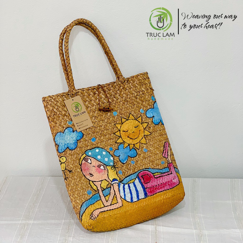 Túi Tre Đeo Vai Nữ Dáng Dài Bện Thủ Công Họa Tiết Vẽ Tay – Trúc Lâm Handmade