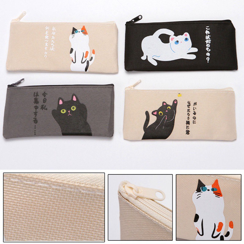 Túi đựng bút/ đồ trang điểm vải canvas màu đen in hình hoạt hình dễ thương