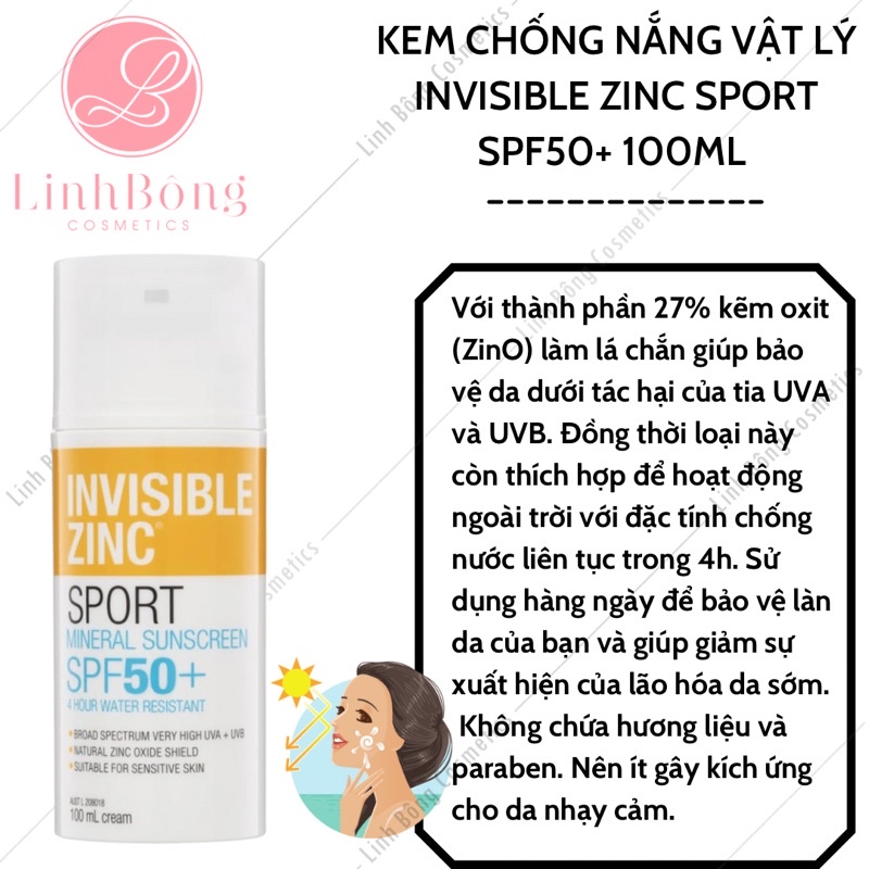 KEM CHỐNG NẮNG VẬT LÝ INVISIBLE ZINC SPORT 4HR WATER SPF50