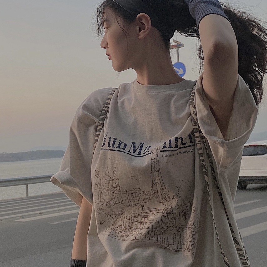 Áo Thun Tay Ngắn Cổ Tròn Màu Xám In Họa Tiết Phong Cách Retro Hàn Quốc Thời Trang Mùa Hè Cho Nữ
