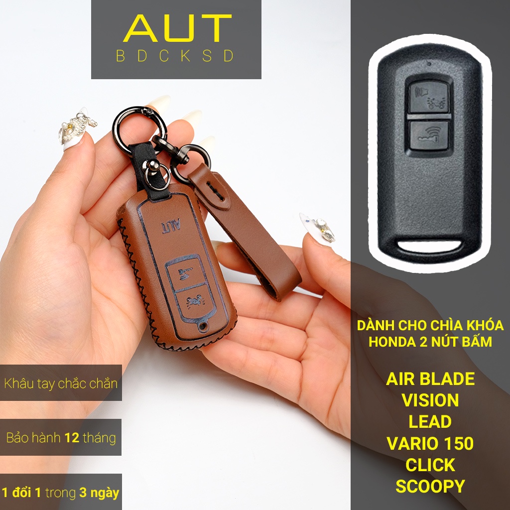 Bao da chìa khóa xe máy Honda Air Blade Vairo Lead Vision 2 nút khâu tay ABKV AD có tay cầm mẫu mới
