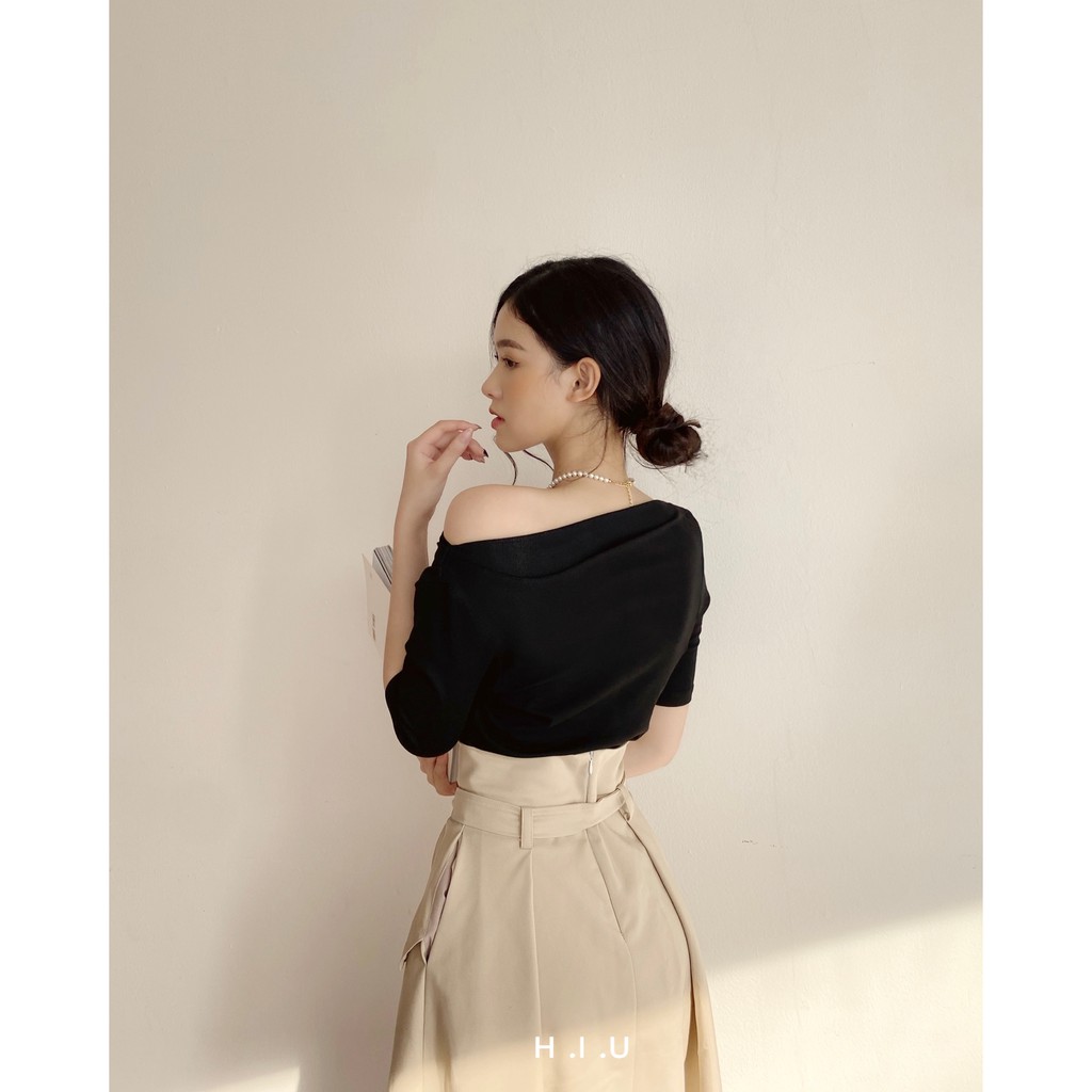 Áo thun H.I.U ROOM thun lệch vai đen #Shouldertop H.I.U design 2021.