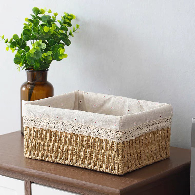 Giỏ Cói, Rổ Cói Vintage Có Vải Lót Hình Chữ Nhật - Phù Hợp Để Phòng Khách, Đựng Đồ Trang Trí Bàn Làm Việc