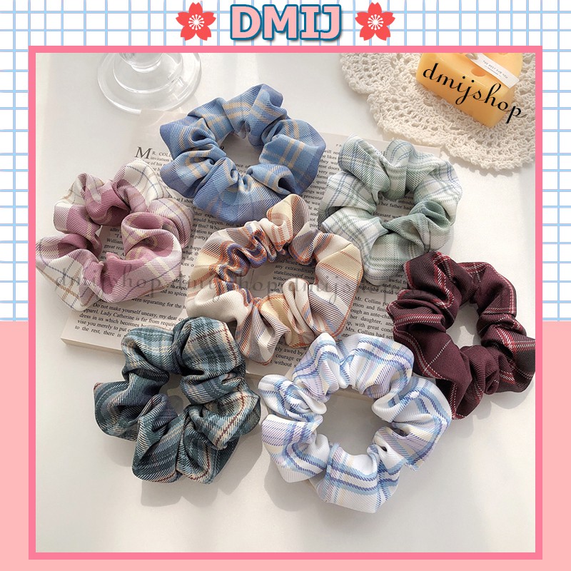 Cột Tóc Vải Scrunchies Họa Tiết Caro Vintage Hàn Quốc, Dây Buộc Tóc Scrunchies Cứng