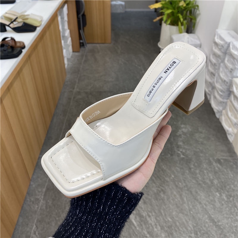 №۩◇Giày Sandal Cao Gót Mũi Vuông Đế Dày Họa Tiết Sọc Caro Màu Sắc Tương Phản Thời Trang Pháp Cho Nữ