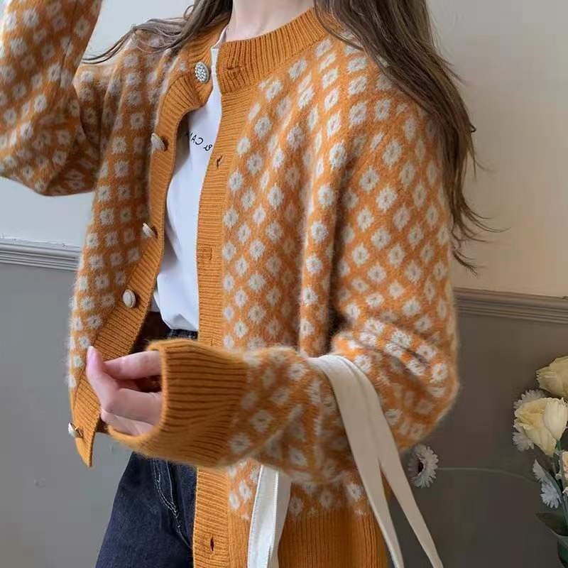 Áo Khoác Cardigan Dệt Kim Cổ Chữ V Màu Xanh Lá Phong Cách Retro