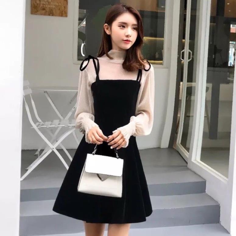 HÀNG SẴN🖤Set đầm xoè nhung|Đầm ulzzang tiểu thư áo nhũ mỏng lấp lánh bèo váy 2 dây yếm xinh quyến rũ dạo phố ,