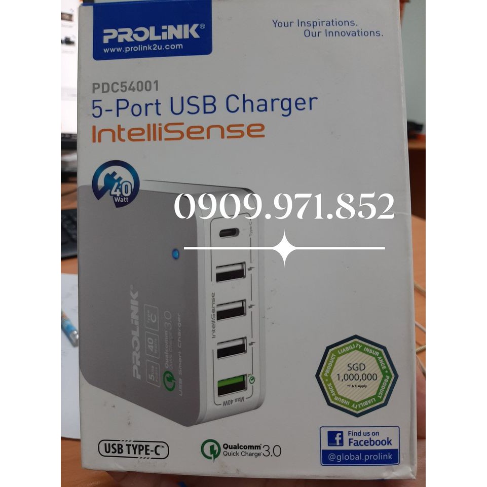 Cốc Sạc nhanh 5 cổng Usb dành cho điện thoại, máy tính bảng và Laptop hiệu Prolink