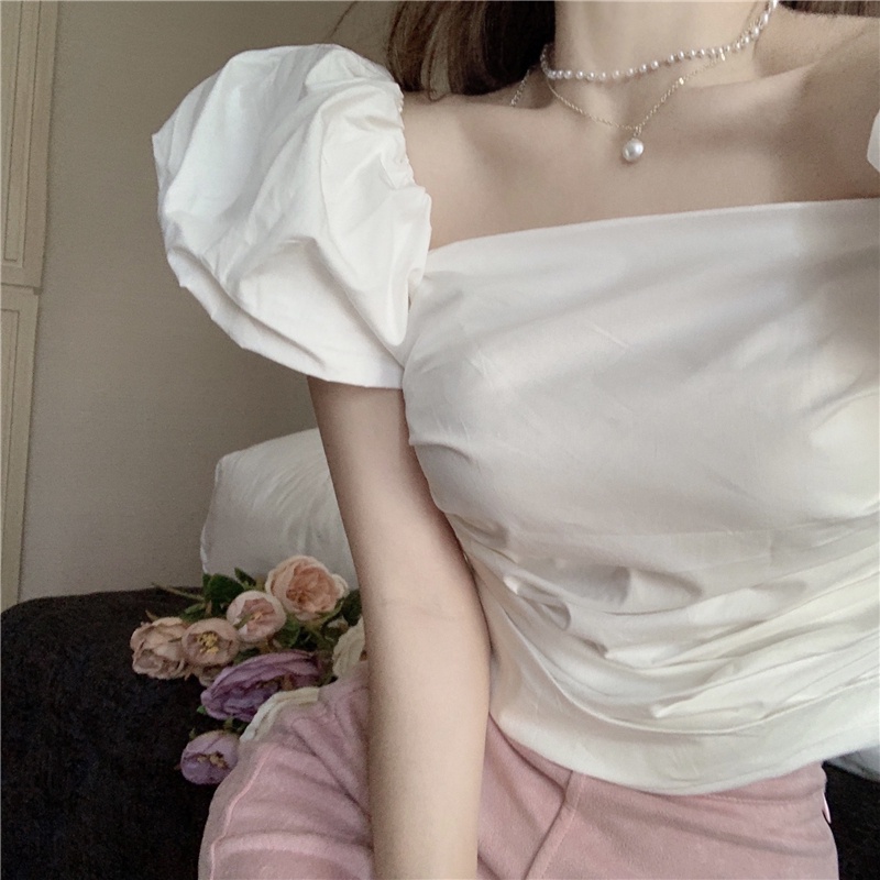 SUXI Áo Tay Phồng Ngắn Cổ Vuông Màu Sắc Đơn Giản Thời Trang Mùa Hè Cho Nữ