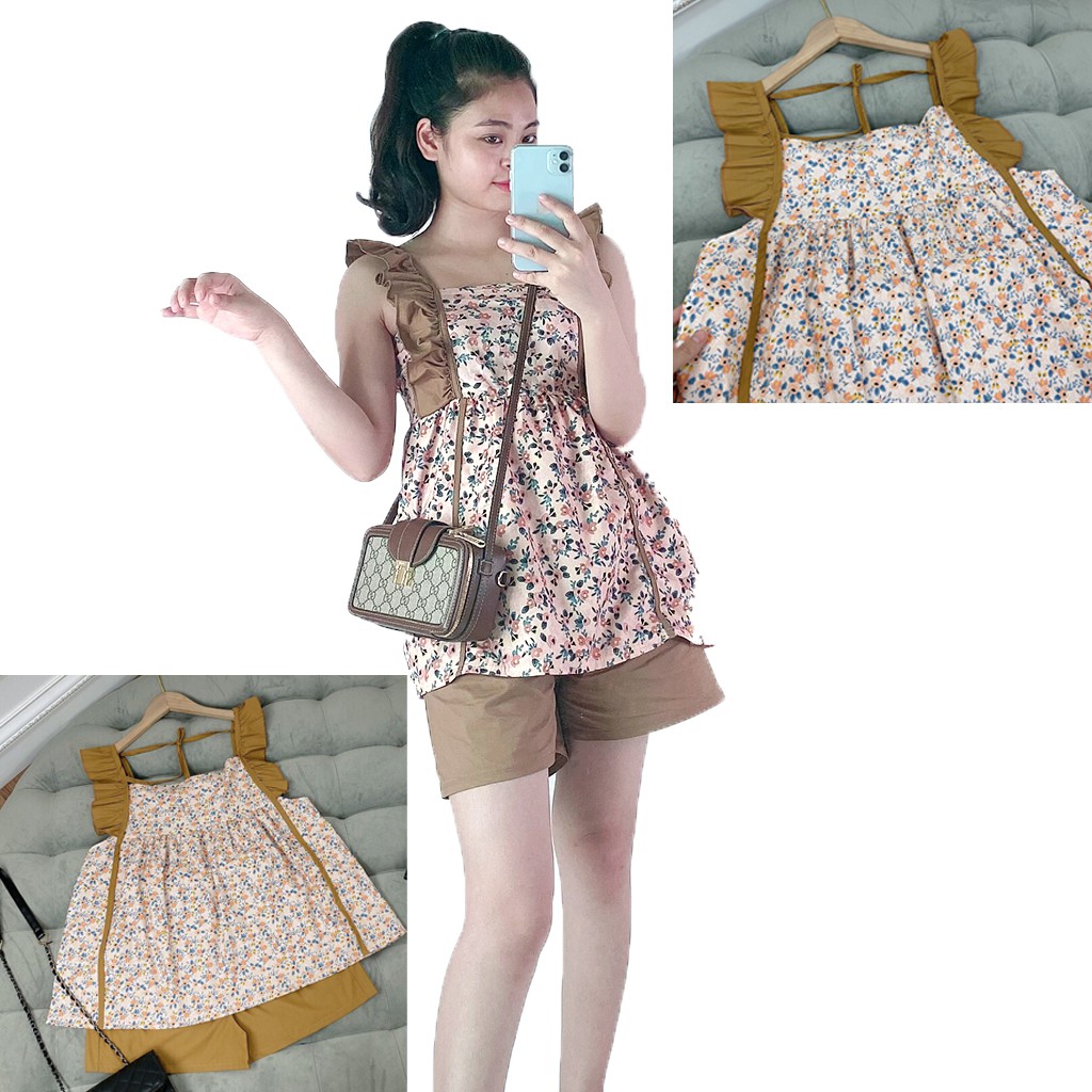 Set áo 2 dây tay bèo quần sooc - F707 - Chất thô mềm thích hợp mọi thời tiết