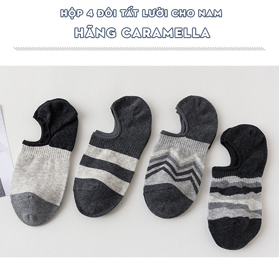 Bộ 4 đôi tất lười vớ lười cho nam màu đen hãng Caramella chất liệu cotton khử mùi kháng khuẩn chống hôi chân 53464