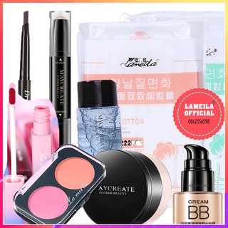 Bộ trang điểm 8 món Bông tẩy trang+Son kem+BB Cream+Nước tẩy trang+Phấn phủ+Phấn má hồng+Bút tạo khối+Chì kẻ mày
