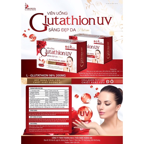 Viên uống GLUTATHION UV SÁNG ĐẸP DA, làm chậm quá trình Lão Hoá Da, Hỗ Trợ Giảm Nhăn da, Sạm da, Mịn da