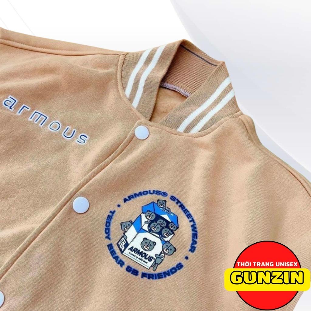 Áo khoác bomber nỉ phối tay ngoại unisex ARMOUS form rộng chất nỉ dày dặn cao cấp nam nữ đều phù hợp GUNZIN
