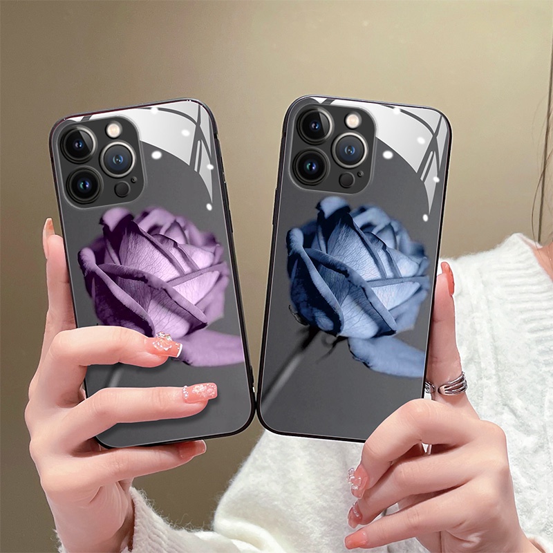 Ốp Điện Thoại Mặt Kính Hình Hoa Hồng Xanh Dương Cho iPhone 14 13 12 11 Pro Max X XS XR 8 7 6 Plus