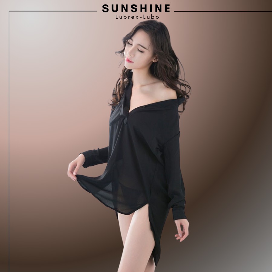 Áo Ngủ Sexy Sơ Mi Ngủ Voan Xuyên Thấu Dáng Dài Gợi Cảm MÀU ĐEN -SUNSHINE LUBREXLUBO- SMNDAY1016